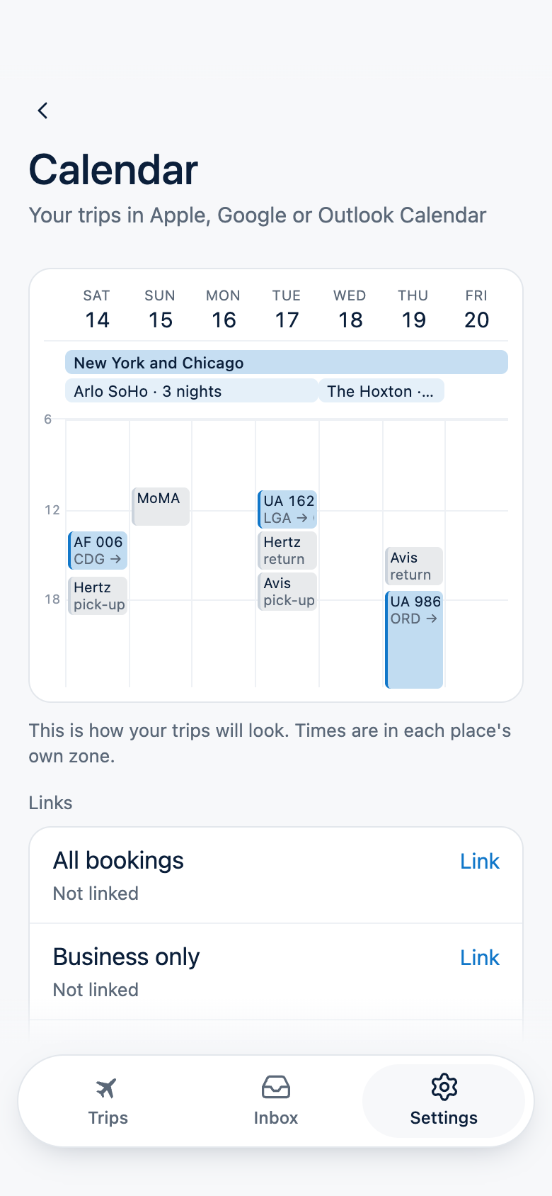 La pantalla Calendario: una semana con el viaje a Nueva York y Chicago como una franja de siete días, dos estancias de hotel como franjas debajo, y los vuelos y las recogidas de coche como bloques a su hora.