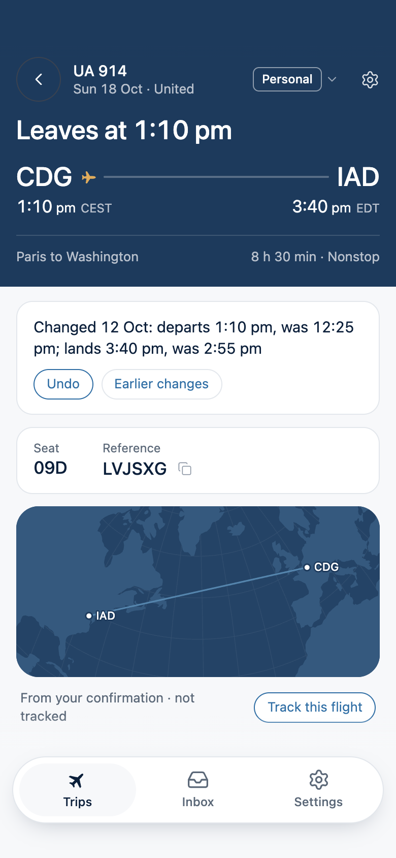Un vuelo de United a Washington cuya hora ha cambiado por un correo de la aerolínea: una línea que dice que ahora sale a las 13:10, antes a las 12:25, con Deshacer y Cambios anteriores.