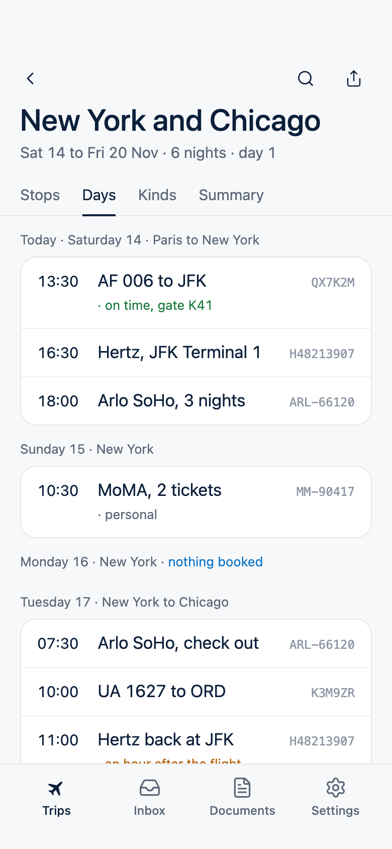 A trip by day: each day's flights, hotel and plans, with empty days folded to one line.