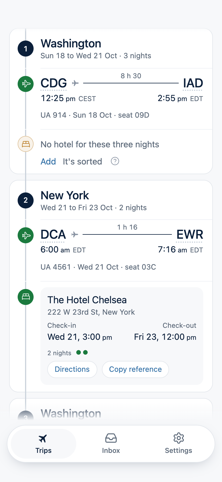 La primera etapa de un viaje, Washington, con su vuelo desde París y debajo una línea que dice que no hay hotel para estas tres noches, con Añadir y Ya está resuelto.