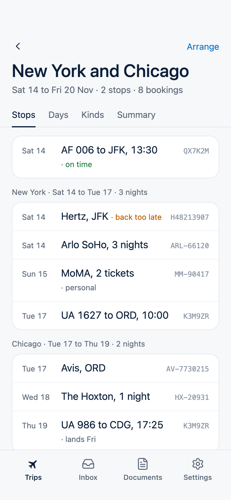 A trip screen: the route from Paris to New York to Chicago and back, with each stop's hotel, flights and cars in one list.